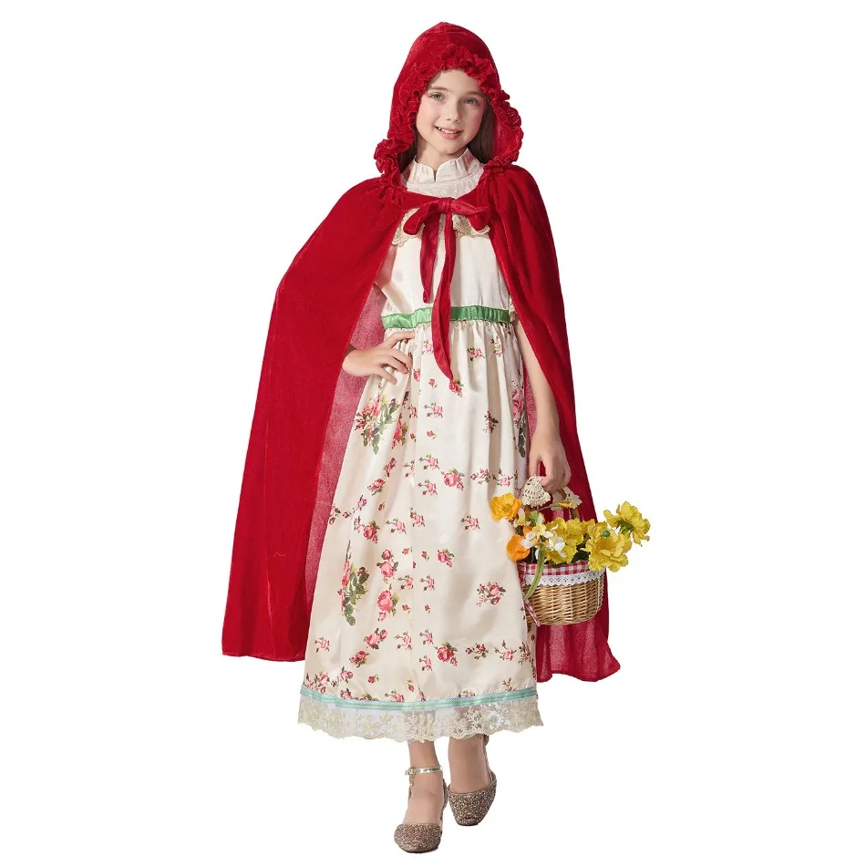 Girl Vintage Floral Prairie Dress Kids Little Red Hood Cape Outfit Fairy Tale Garden Photoshoot Storybook Halloween Costume PS66