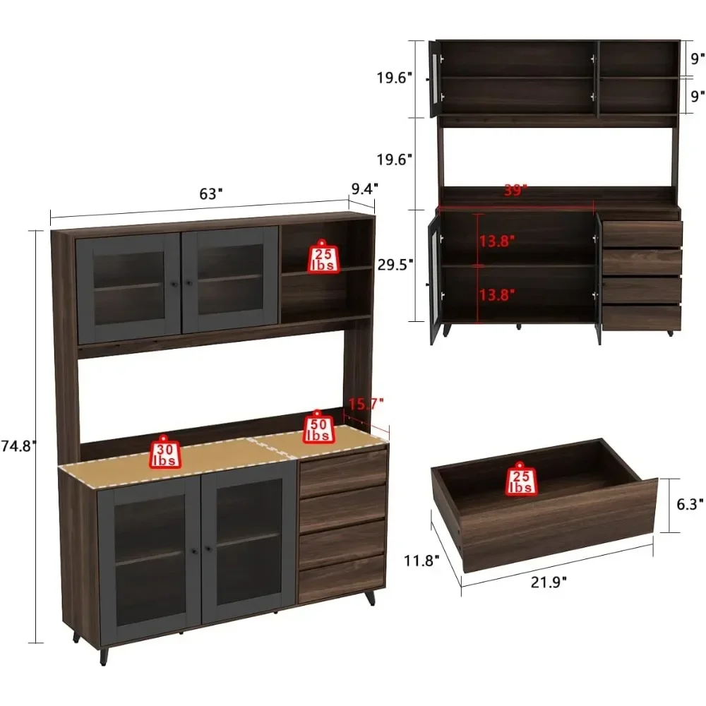 Kitchen Pantry Cabinet 4 Glass Doors and Drawers Kitchen Storage Cabinet Microwave Stand Pantry Furniture Shelves & 3 Hooks