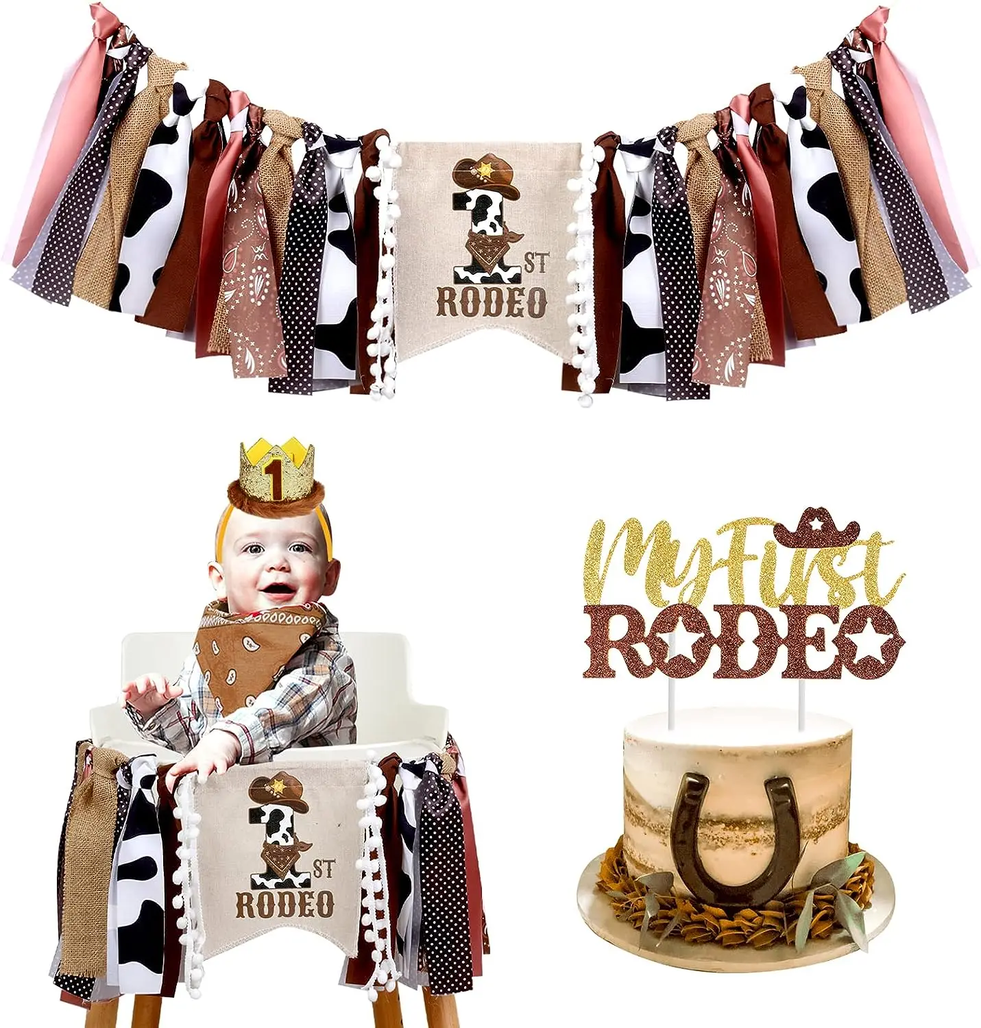 Cowboy 1st Birthday Decorations Brown My First Rodeo High Chair Banner Cake Topper Crown Hat Western First Birthday Party Decor