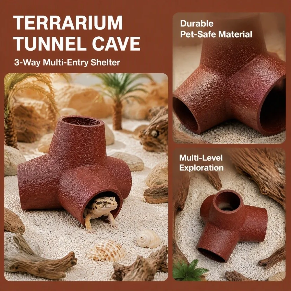 3D Printed Three Way Reptile Tunnel Plastic Artificial Reptile Resting Cave Wave Stone Cave Lizard Hideaway Cave