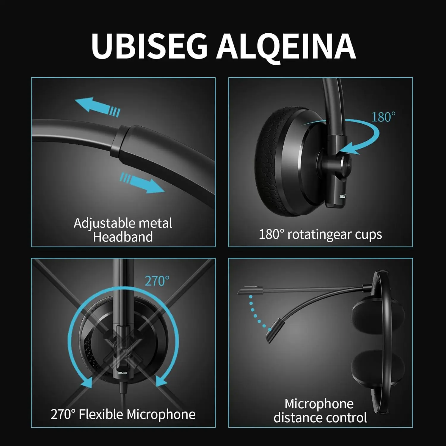 سماعة رأس Acer USB مع ميكروفون للكمبيوتر الشخصي، سماعة رأس سلكية مع ميكروفون لمراكز الاتصال بالعمل عن بعد للمكتب، تصميم مريح لارتداء طويل #6