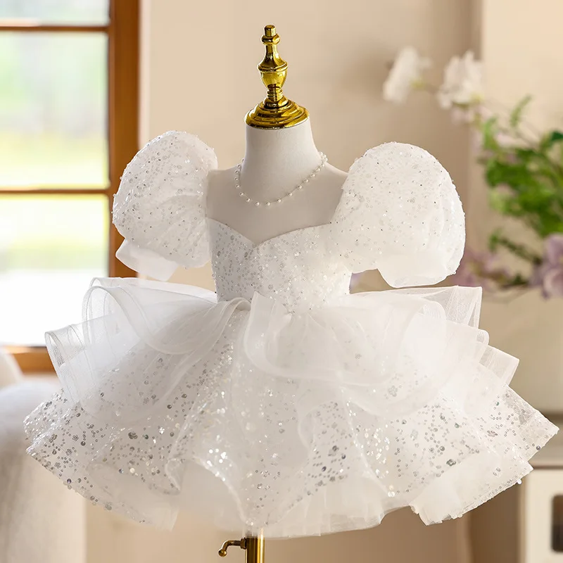 Flower Girls Wedding White Princess Ball Gown Children Fashion Beading Sequins Design Birthday Party Dress
