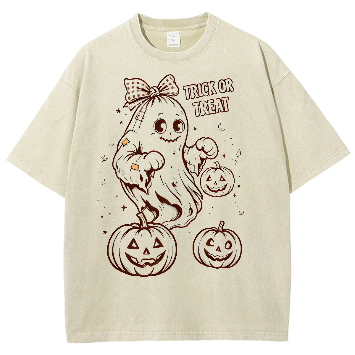 Retro Ghost Pumpkin Halloween T‑Shirt Trick or Treat Graphic Tee Loose Short Sleeve Cotton Top for Men Women Halloween Holiday