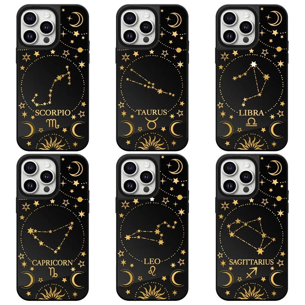 

Star Sign Black Mirror Surface iPhone 12 13 14 15 16 17 Pro Max Protective Case, Fits iPhone 17 Pro Max