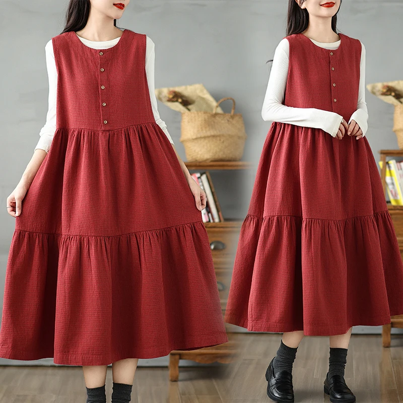 

Artistic Vintage Svel Long Dr round Ne Inner Wear plus Size Women's Autumn Loose Slimming Maxi Dr