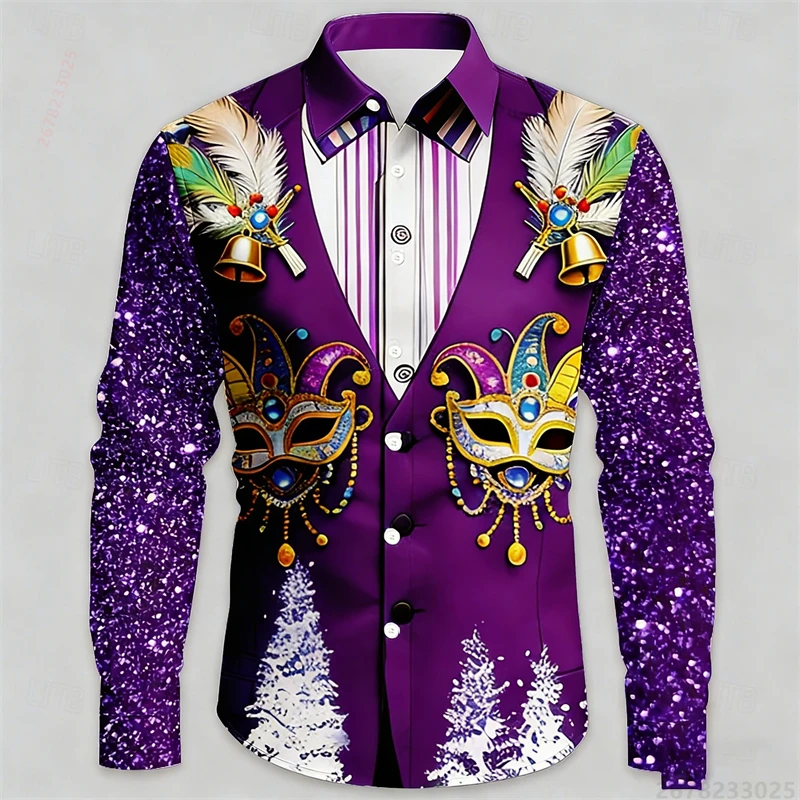Men Turn‑Down Collar Long Sleeve Button‑Up Shirt Carnival Mask Festive Print Party Holiday Casual Top