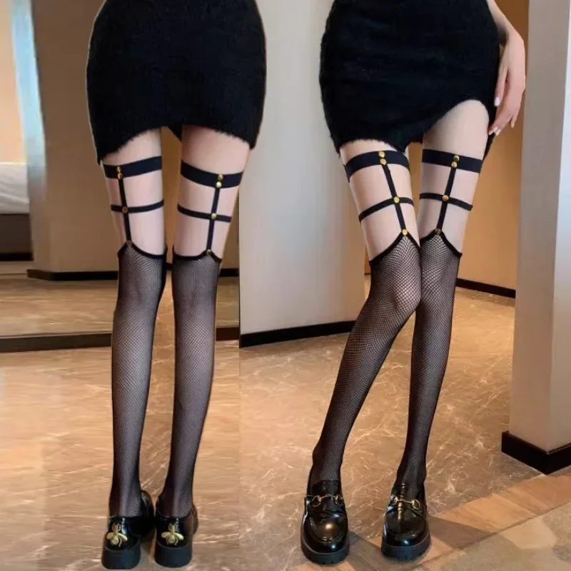 Women Gothic Punk Hollowed Out Mesh Pantyhose Spicy Girl Lolita JK Thigh High Socks Summer Sexy Black Rivet Fishnet Stockings