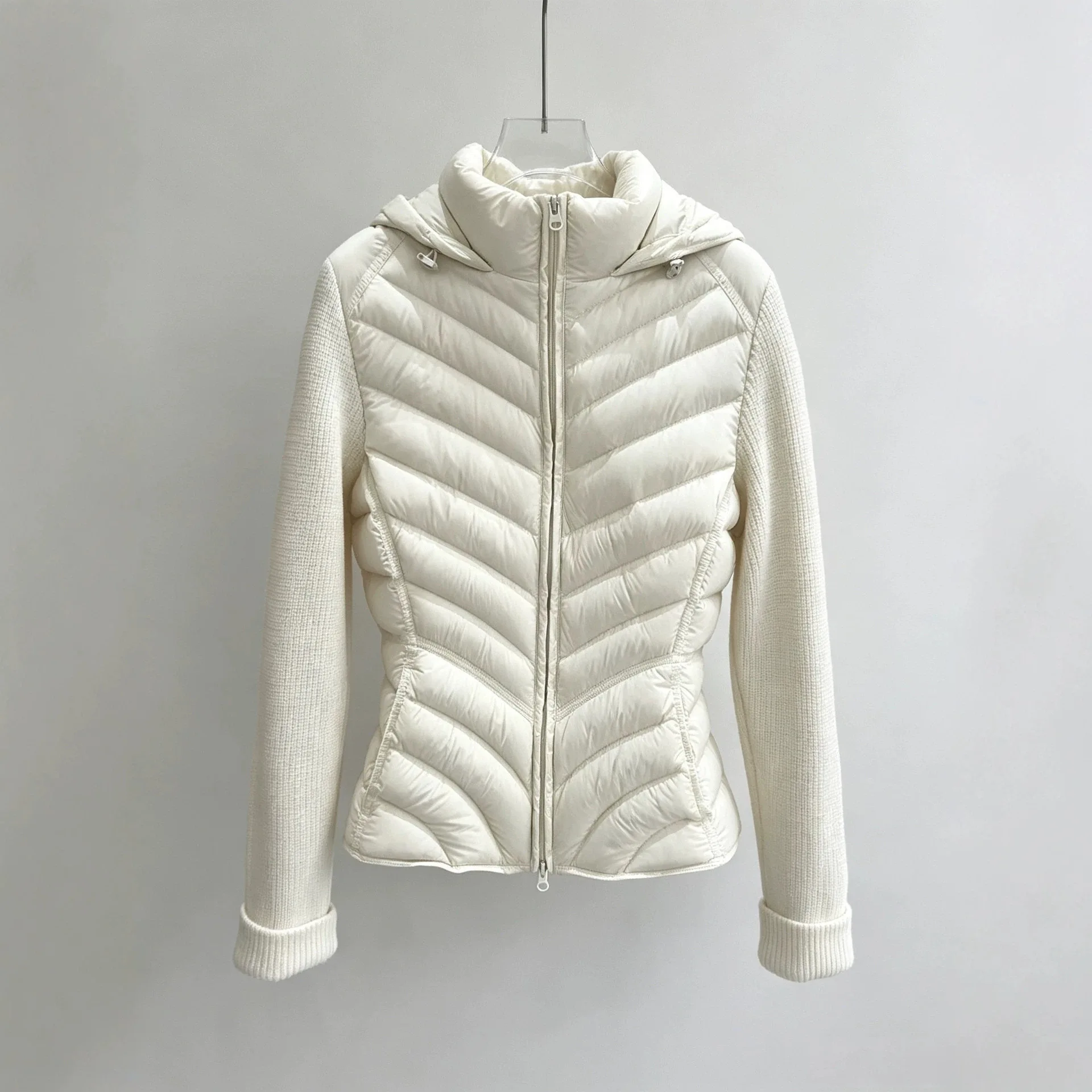 Winter Knitted Sleeve Splicing Parker Jacket Female Hooded Lightweight Down Jacket Women White Duck Down Double Zipper Outwears