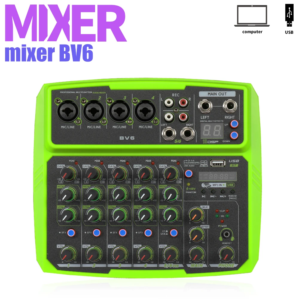 

6-Channel Audio Mixer outdoor conference USB Bluetooth reverb audio processor Sing live with sound card Sound mixer,BV6