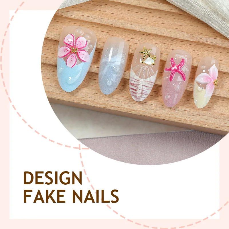 30Pcs Summer Starfish Fake Nails Beach and Ocean Themes Press on Nail Short Almond Full Coverage Nail for Women&Girl False Nail