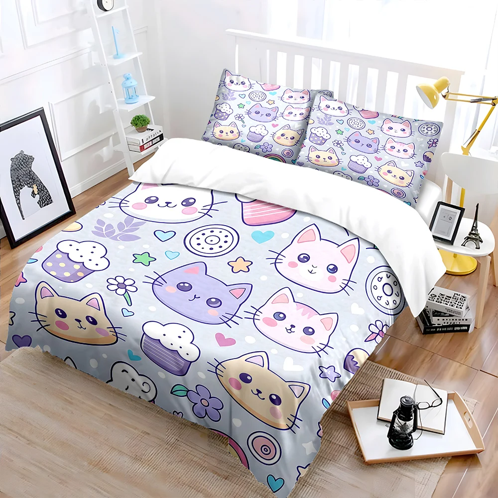 Cute cats and desserts background Print Bedding Set 1 Duvet Cover 2 Pillowcases for Adult and Children Luxury Gift Full Size