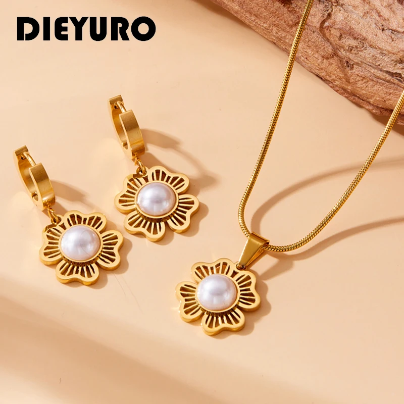 DIEYURO 316L Stainless Steel Witte Parels Gezet In Gouden Bloemen Pendant Necklace For Women 2024 New Trend Chain Jewelry Gifts