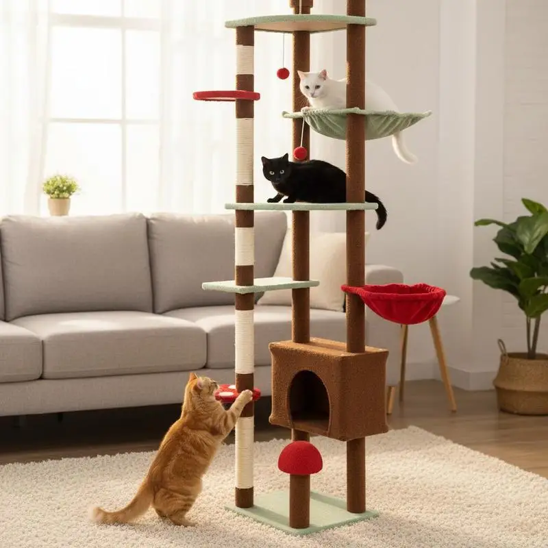 Arbre à chat du sol au plafond marron, réglable, thème champignon, avec condo et hamac, poteaux à gratter en jute pour chats d'intérieur grands et petits, gain de place