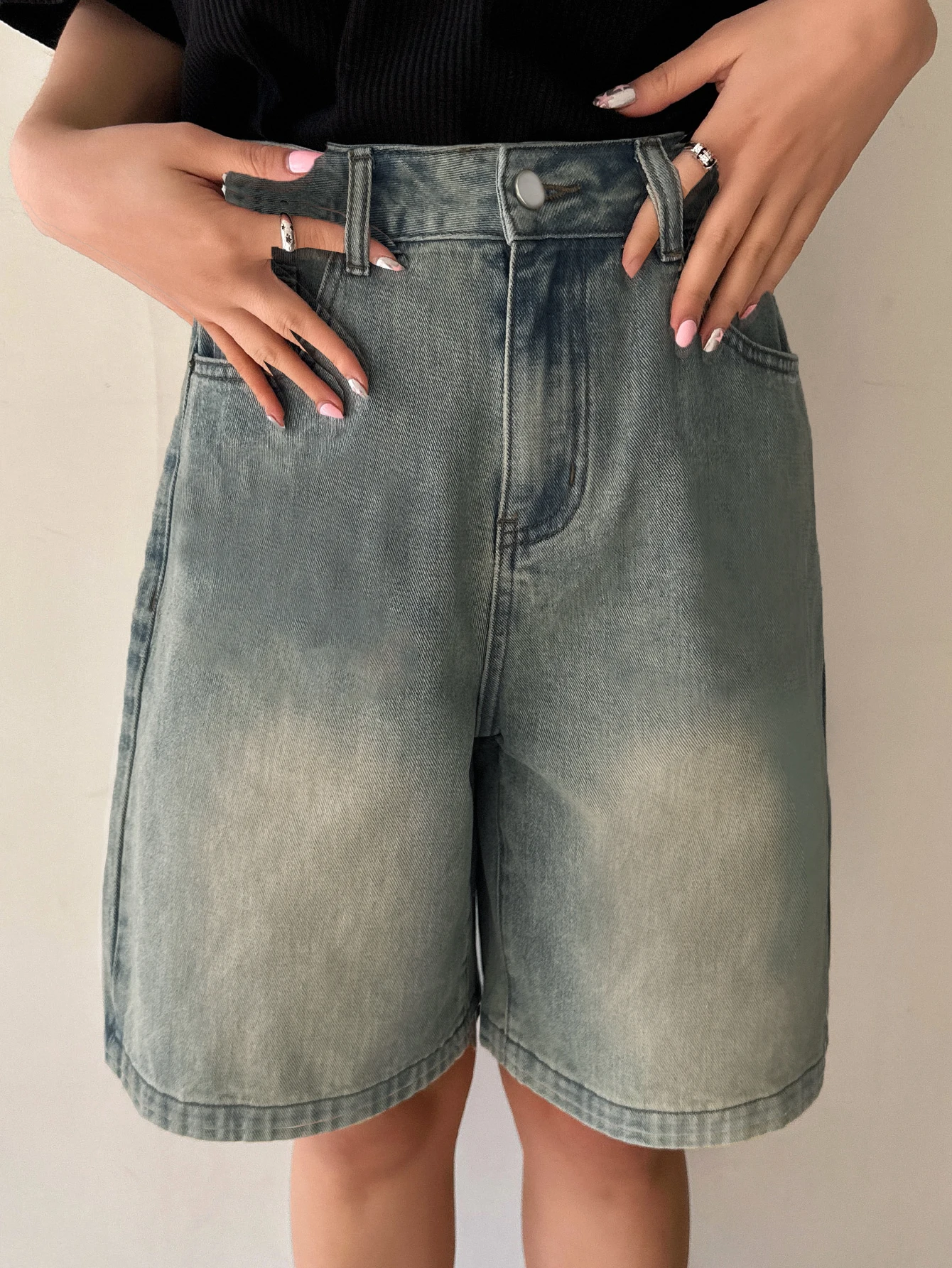 vintage  style denim shorts women's new high-waisted loose straight A-line wide leg mid-length pants denim shorts