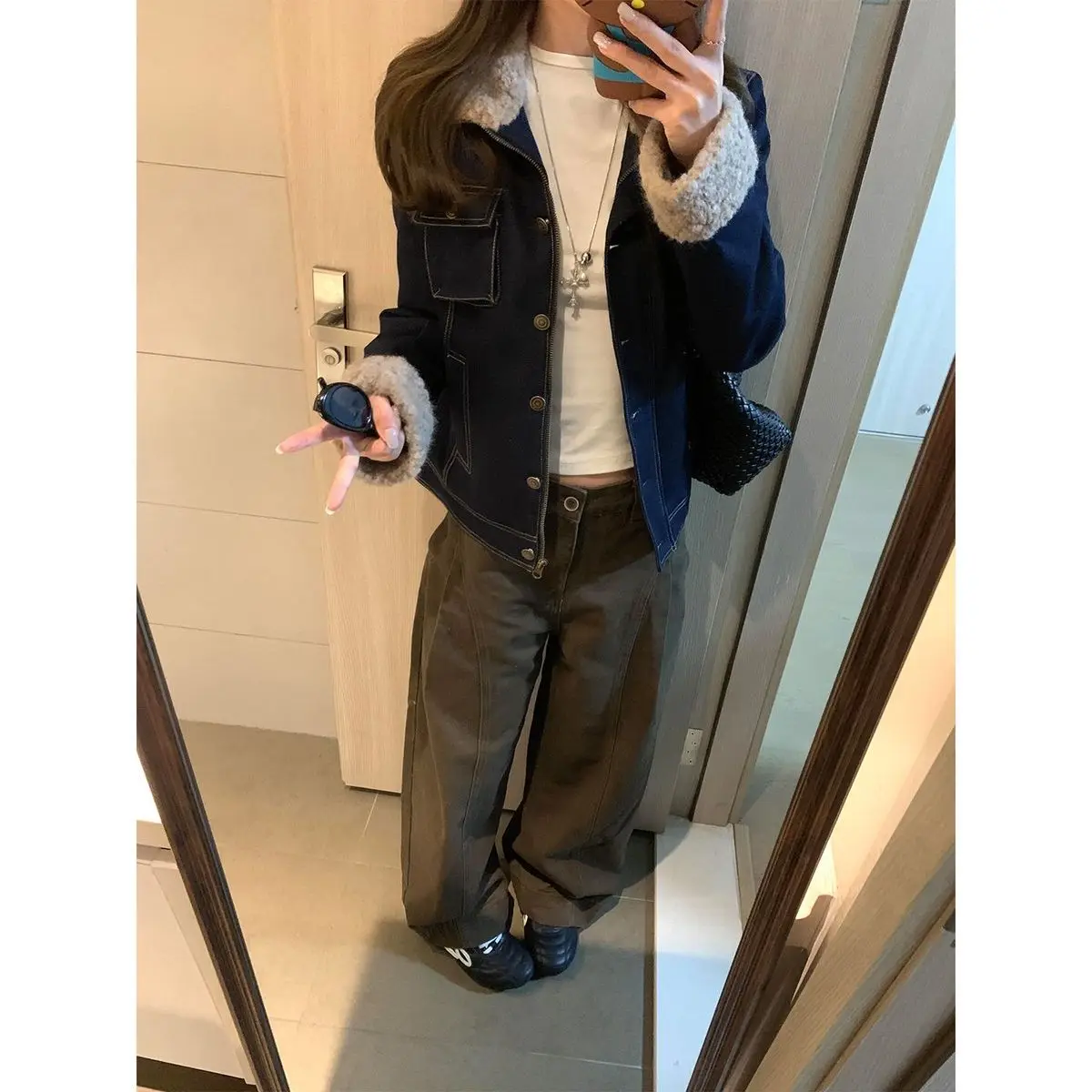 

Denim Coats Long Fur Plush Womens Autumn-End Early Winter Slim Fit Minimalist Urban Social Gathering Anti-Odor Padded Jackets BF