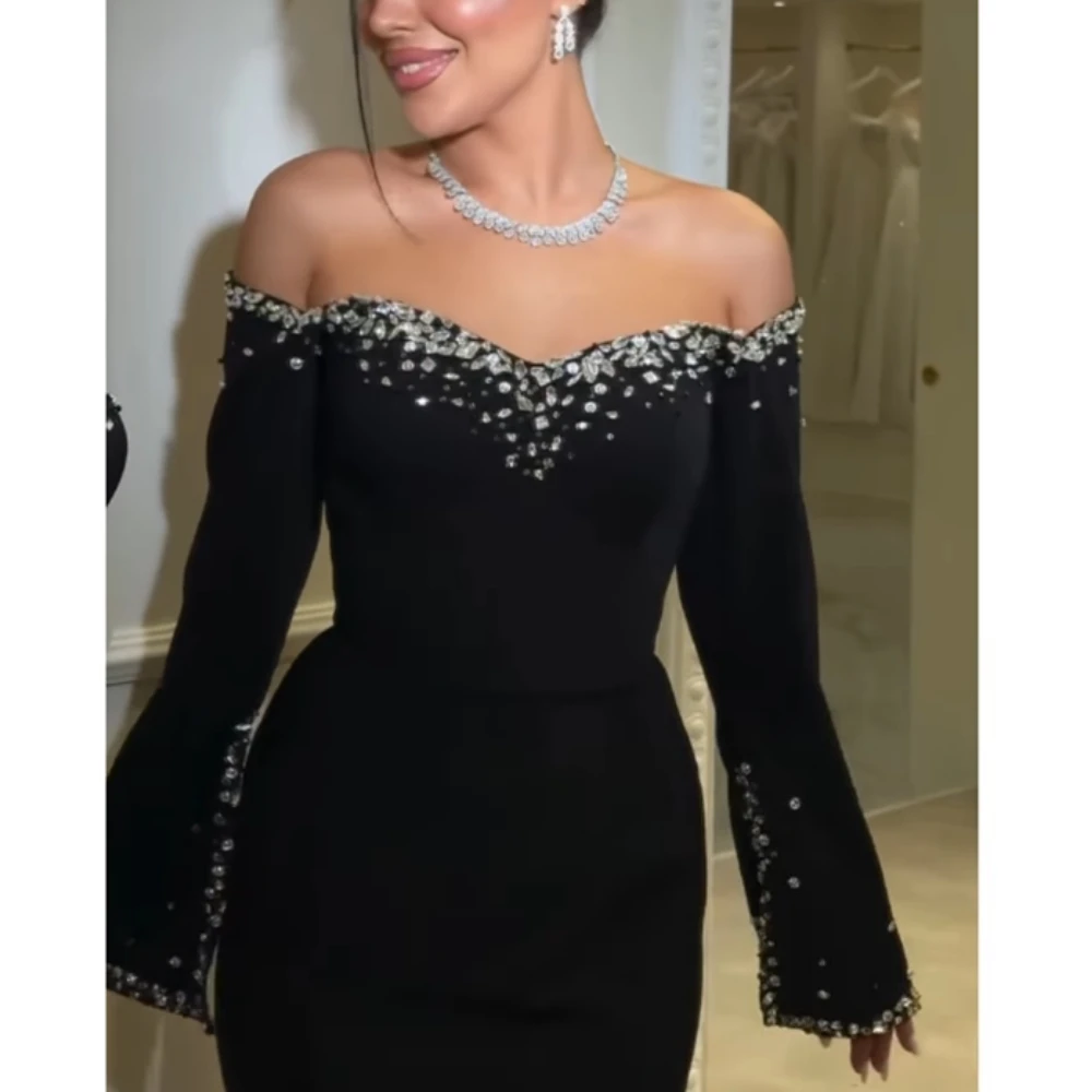 

Черные вечерние платья по индивидуальному заказу с открытыми плечами и длинными рукавами, хрустальный трикотаж Ev란 платья с скользящим шлейфом, платье русалки для выпускного вечера
