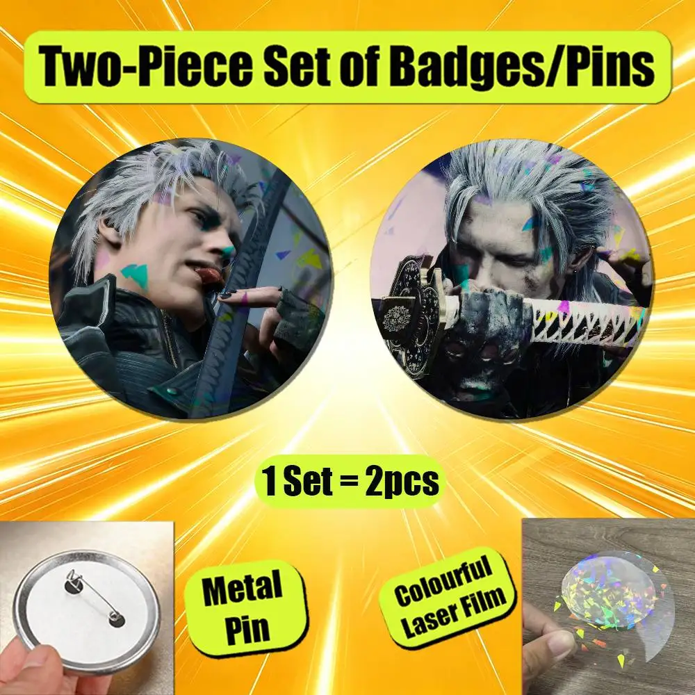 For Devil May Cry 3 5 Vergil Dante Badge Pin Insignia 2 Pcs Set Round Button Emblem Laser Film Gift 44mm Custom
