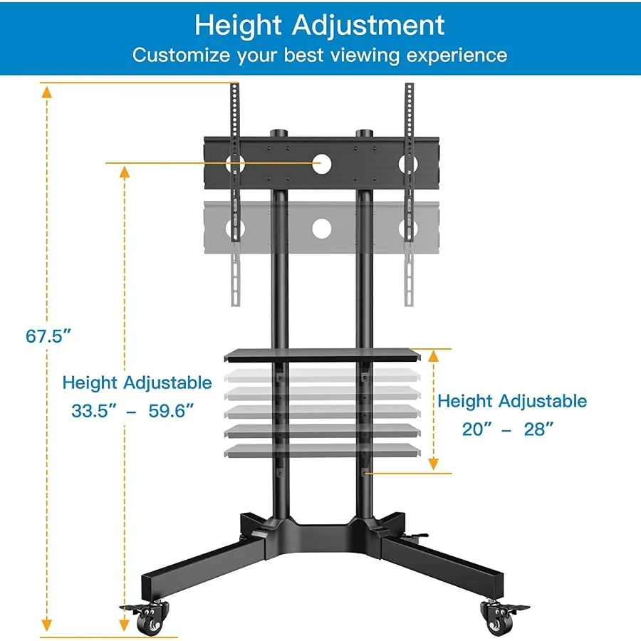 حامل تلفزيون دوار قابل للتعديل مع عجلات قابلة للقفل لأجهزة التلفاز مقاس 3285 بوصة حتى عربة تلفزيون متنقلة تصل إلى 132 رطل على عجلات مع أجهزة الكمبيوتر المحمول Sh