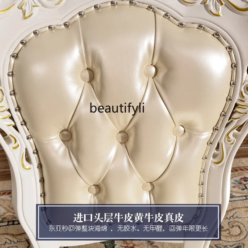 B03 American restaurant solid wood carving flower leather dining chair leather casual white dressing chair