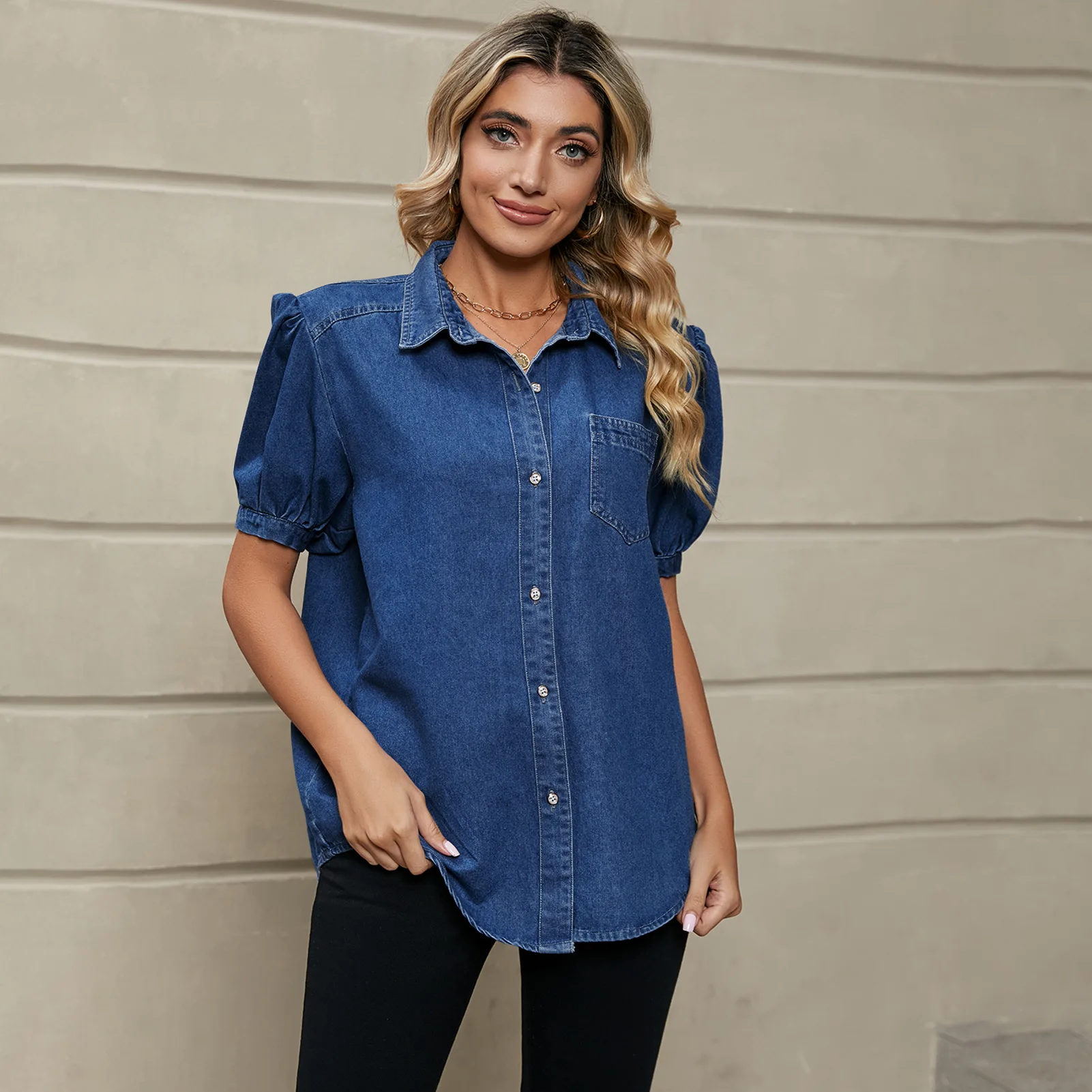 Europäische und amerikanische Mode neue Joker Princess Ärmel Revers dünnes Jeanshemd Freizeithemd Flut Damenbekleidung