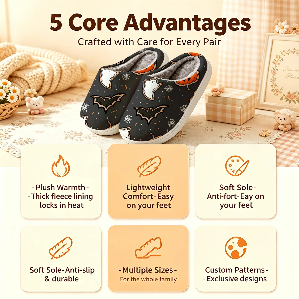Halloween Cookie Pattern Christmas White Slippers Warm Plush Indoor Shoes Non-Slip Winter Slippers Family Holiday Gifts Soft view 4