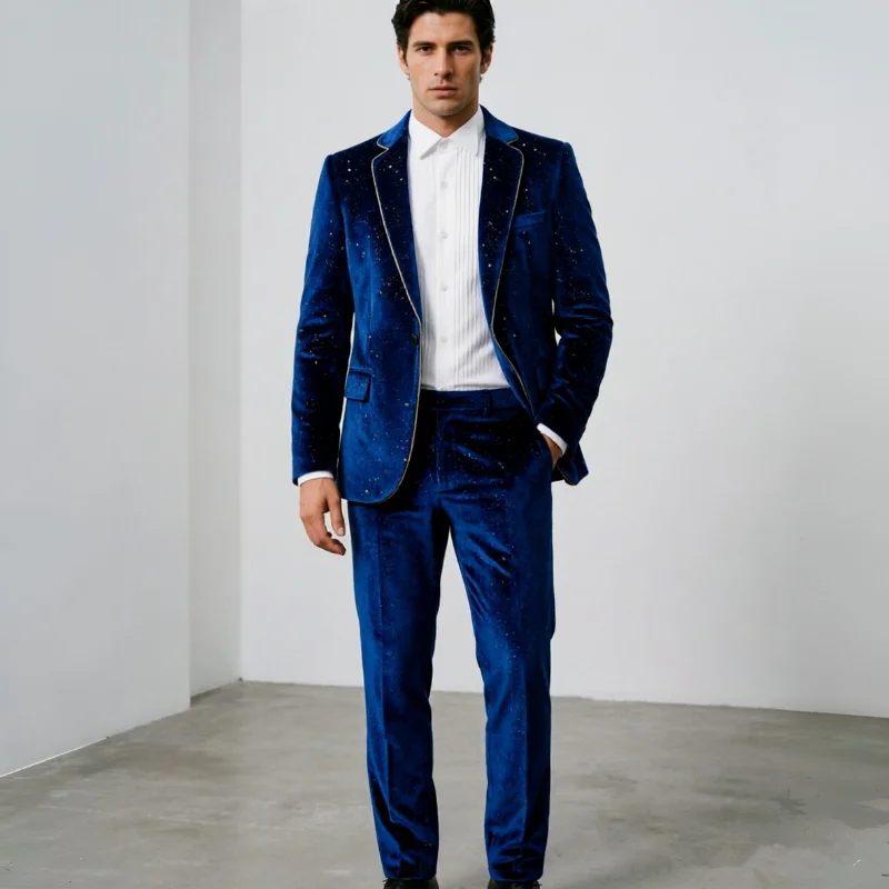 

Luxury Blue Velvet Suit with Gold Polka Dot Decoration for Men, Perfect for Wedding Dance Party, Golden Thread Blazer and Pant