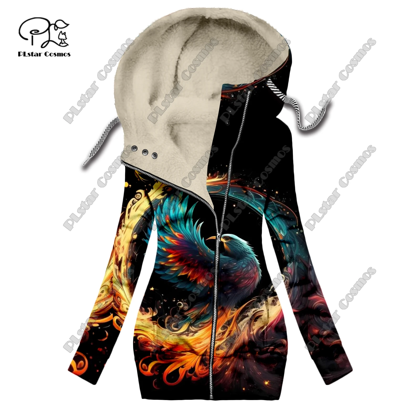 New 3D printing retro series floral and animal patterns plus velvet and warm women's long zipper sweatshirt casual winter L-11