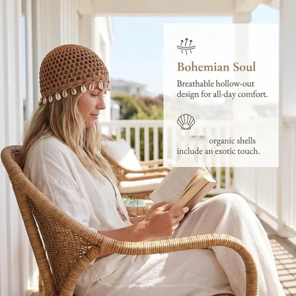 Cotton Crochet Shell Beanie Hat Breathable Shell Fringe Bohemian Beanie Hat Bohemian Style Hollow Out Summer Headwear