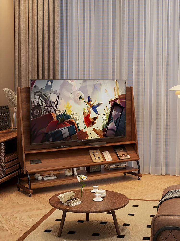 

Solid wood movable TV living room home small apartment medieval style floor storage wheeled TV stand
