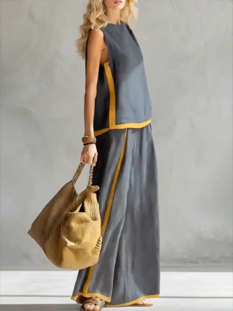 

UOOZEE 2026 New Summer Women's Suits Sleeveless O-Neck Tops & High Waisted Wide Leg Pants Contrast Color Linen Two Pieces Set