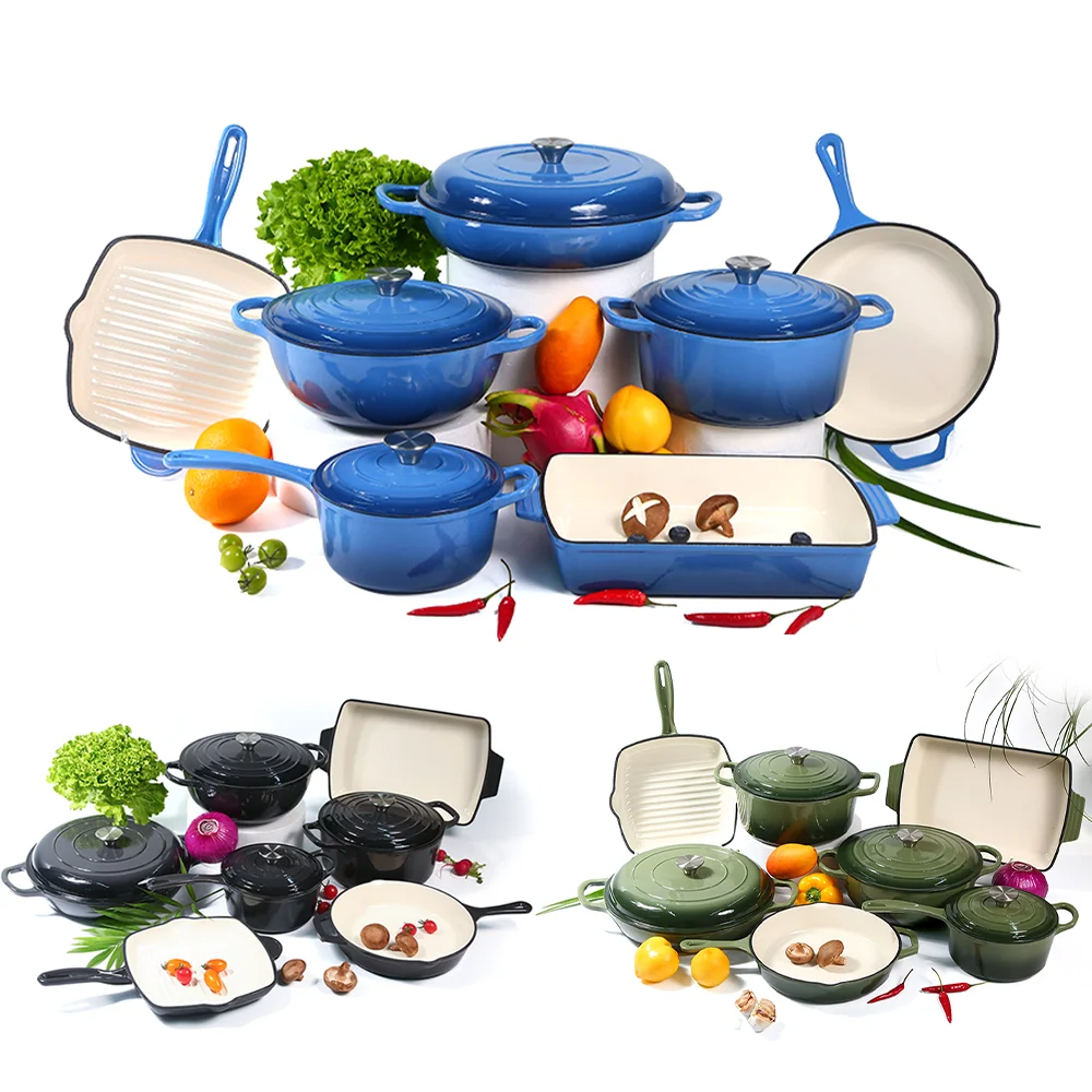 High Quality Multicolor Enamel Cast Iron Cookware Set Cooking Soup & Stock Pots and Pans Frying Pan