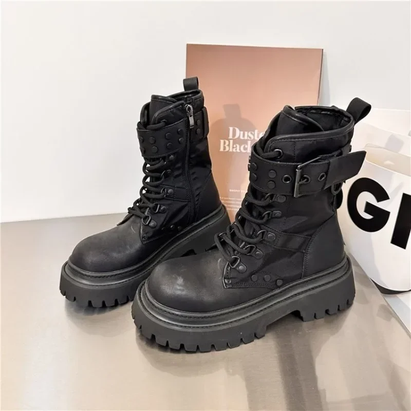 2024 Belt Buckle Platform Combat Boots Women Chunky Heels Lace Up Ankle Boots Woman Side Zipper PU Leather Short Booties