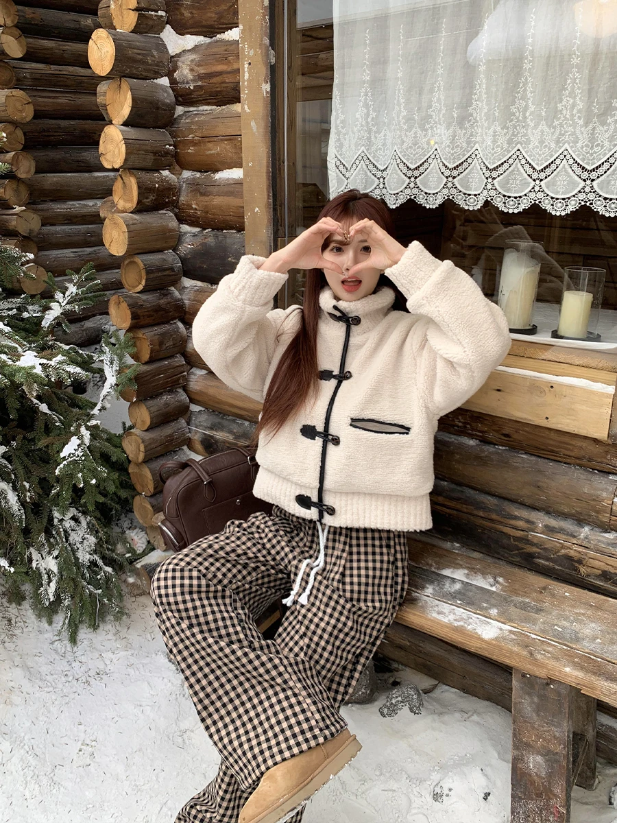 Jaqueta de lã de cordeiro feminina roupas de inverno mulher lona estilo do ensino médio botão detalhe frontal fantasia moda todos os dias ao ar livre pesado gf