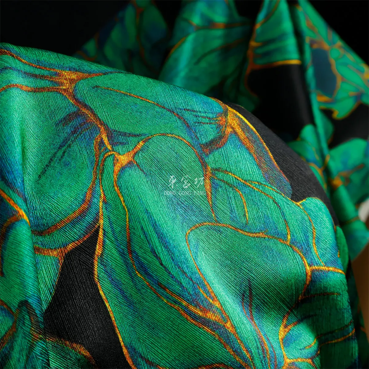 Herringbone Silk Stretch Green in the Black Background Large Flower Silk Fabric Cheongsam and Dress Dress Fabric