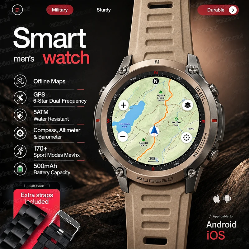 

2026 New Google Maps Smart Watch GPS Route Tracking Offline Map Compass Fitness Tracker BT Call Rugged Outdoor HD Smartwatch Men
