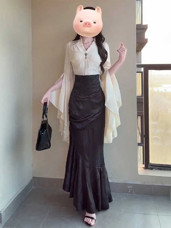 

Gothic Court Style Dark Lightweight Dress Slimming Waist Outerwear Photography High Quality Long Sleeve V-Neck High Waist Aut...