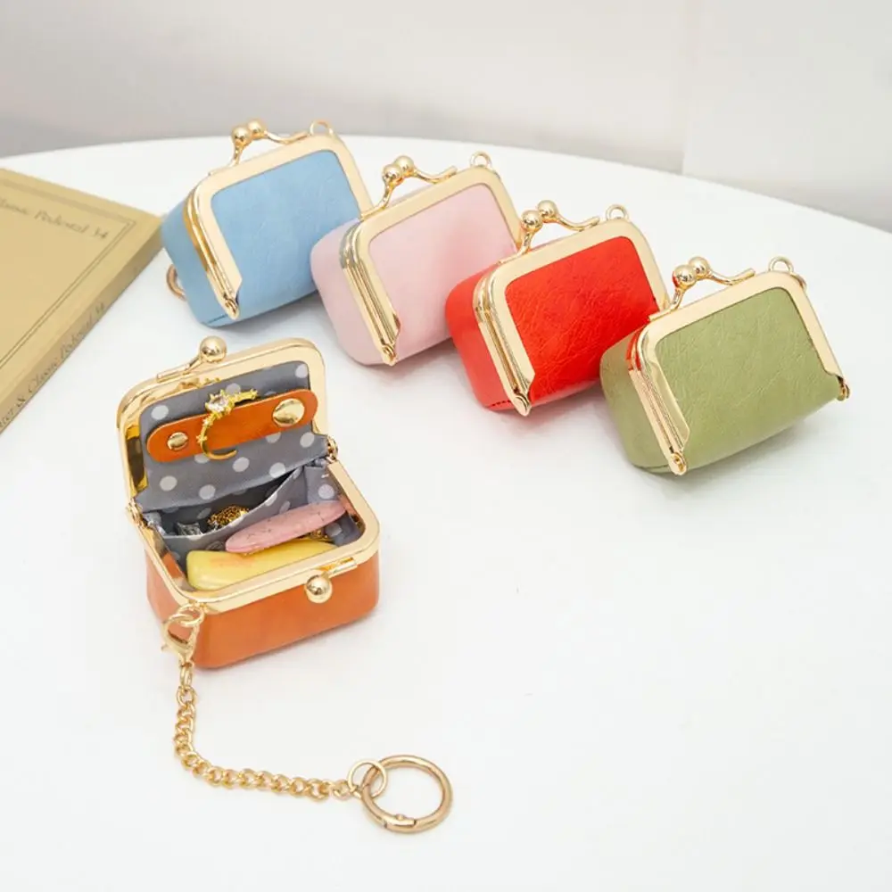 

Cute With Keychain Kiss Lock Coin Purse Mini PU Leather Leather Jewelry Bag Multifunctional Square Small Item Bag Storage