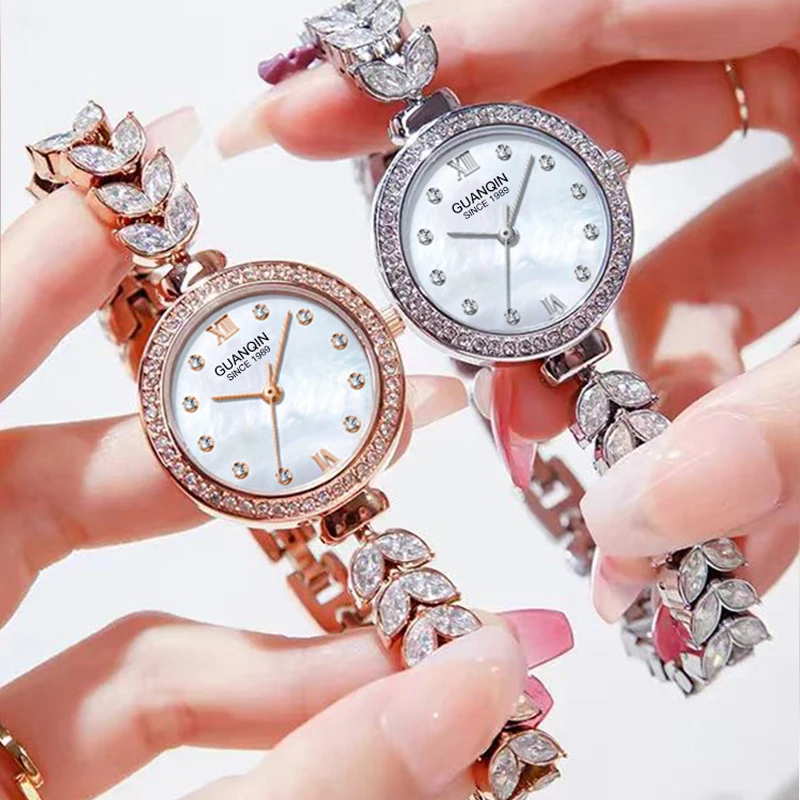 GUANQIN Luxury Women's Quartz Watch Mother-of-Pearl Dial Fish-Tail Chain Strap Leisure 30M Waterproof Watch for Lady for Gifts