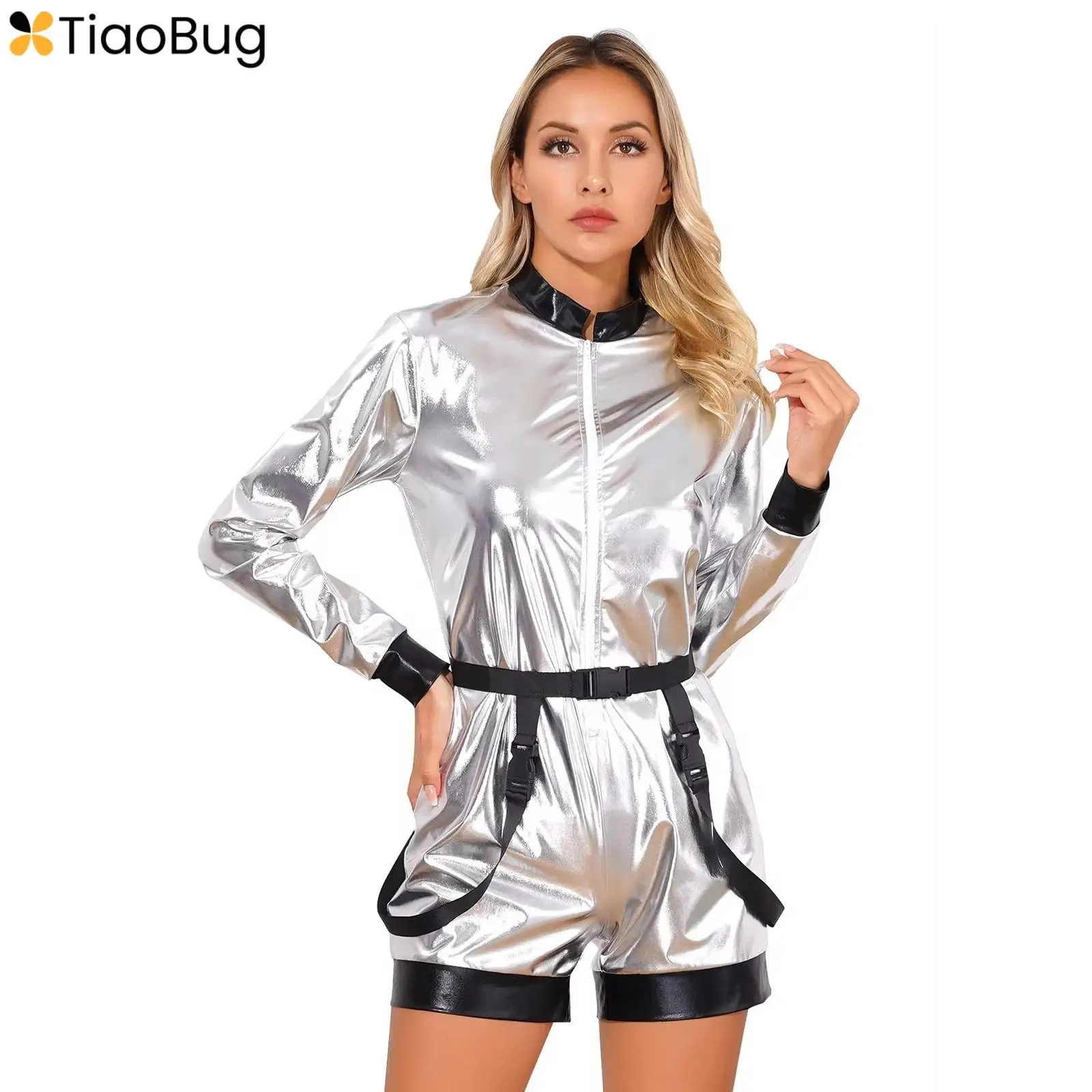 

Halloween Astronaut Cosplay Costumes for Womens Metallic Shiny Zipper Boyshorts Bodysuit Jumpsuit with Belt Theme Party Clubwear