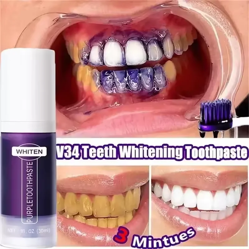 V34 Purple Teeth Whitening Toothpaste Remove Plaque Stains Cleaning Oral Hygiene Dental Bleach Tools Fresh Breath Teeth Care