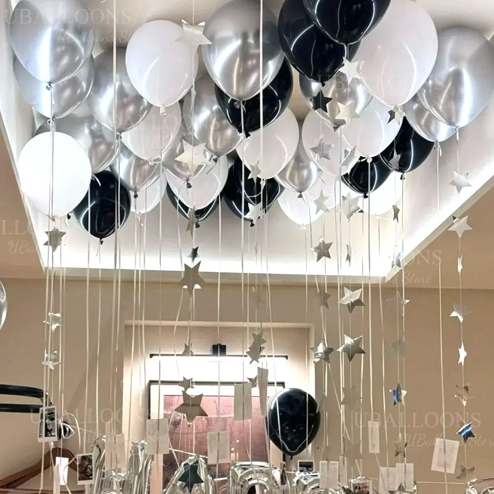 33-teiliges Set Weiße, Silberne und Schwarze Luftballons mit Sternengirlande, Funkelnde Hängende Ballons für Geburtstag, Hochzeit, Babyparty-Dekoration – Detail 6