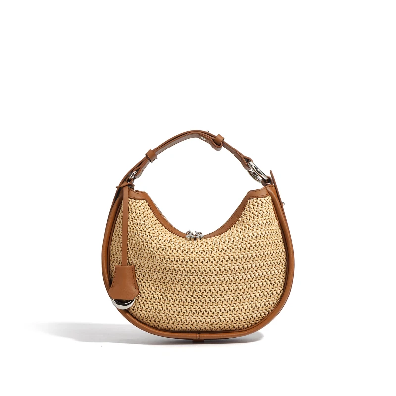 Half Moon Weave Straw Bags For Women Luxury Designer Genuine Leather Handbags Purses 2024 New Casual Hollow Out Underarm Bags