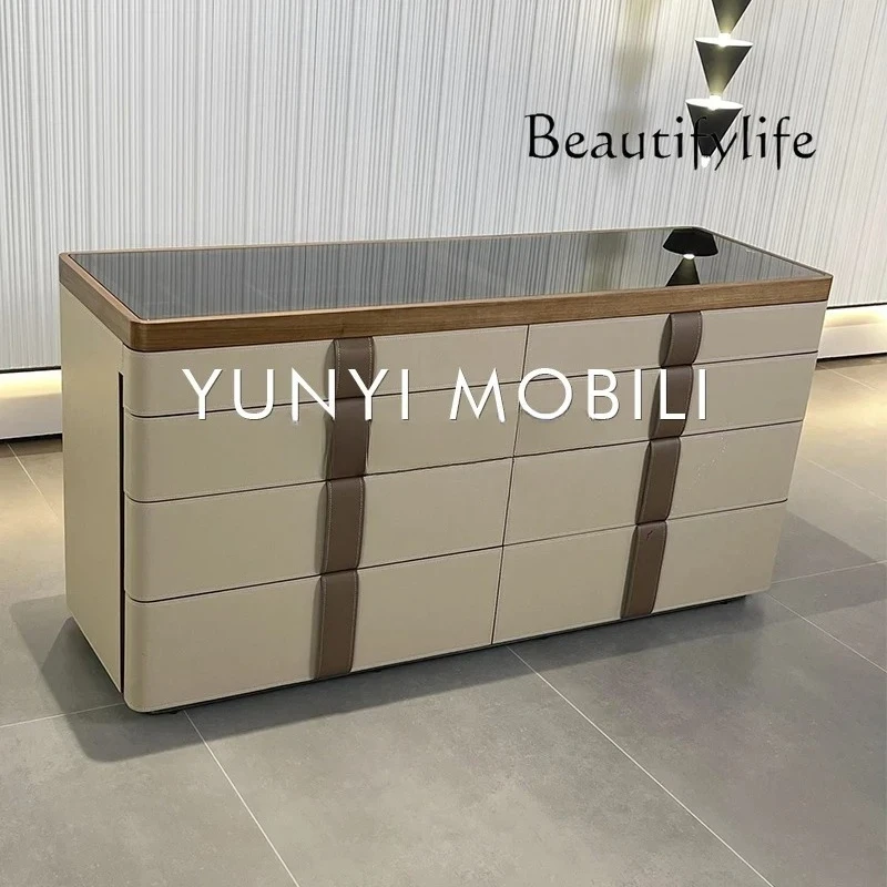 

G Living room French bedroom side cabinet designer Italian solid wood saddle leather chest cabinet