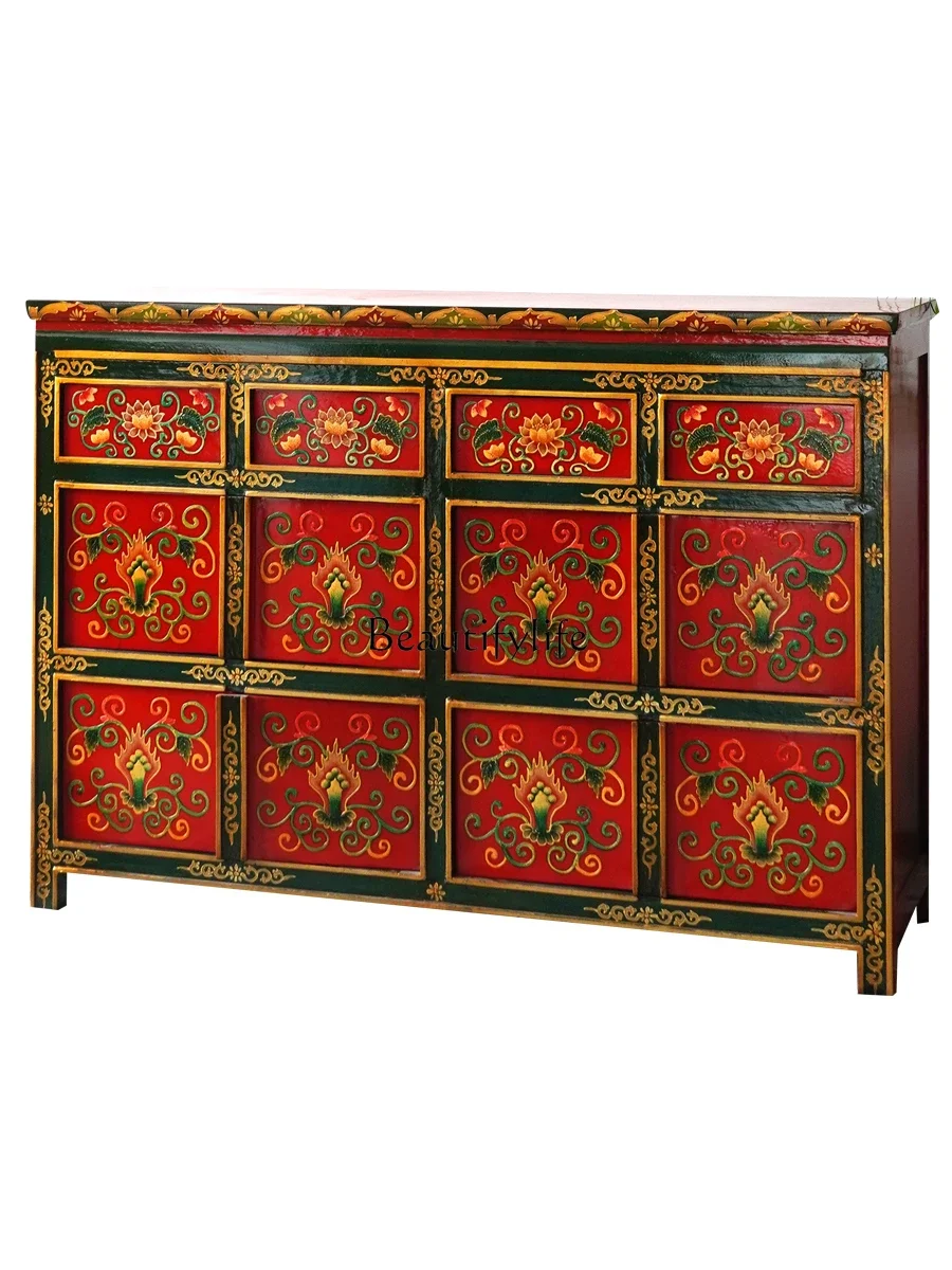 Solid wood painted storage cabinet hand-painted Tibetan elm large-capacity porch decorative locker