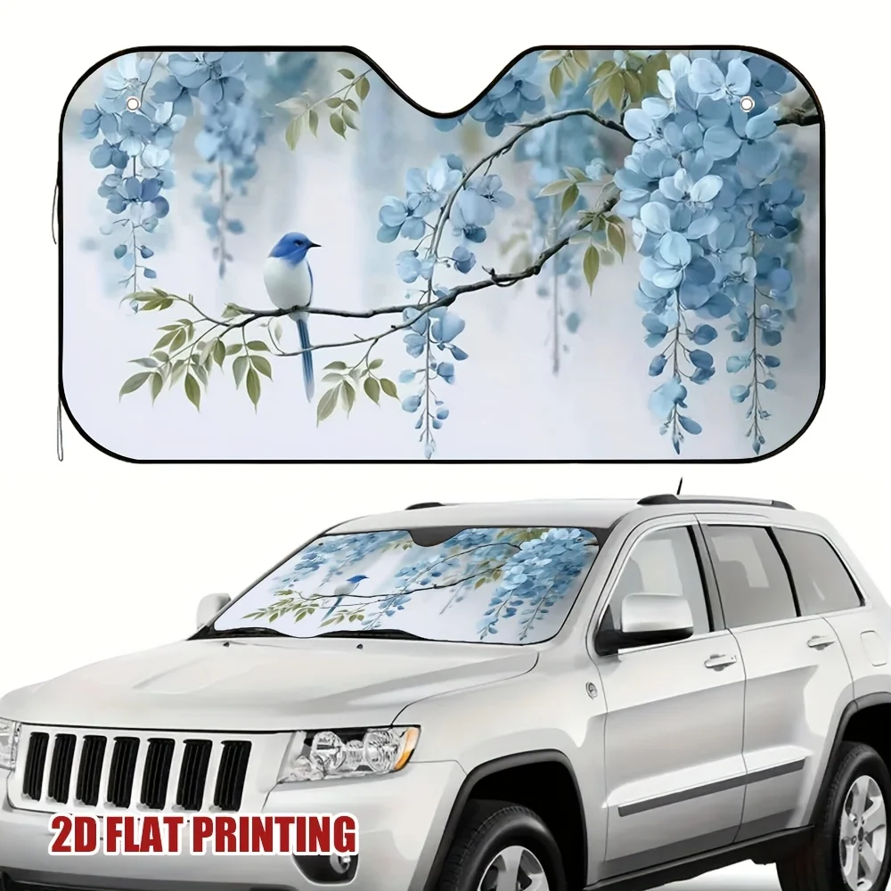 1pc Blue Blossom Bird Car Sun Visor - Fit 2D Flat Printing Floral & Bird Design, Maintains Fresh Interior & Comfortable Seating