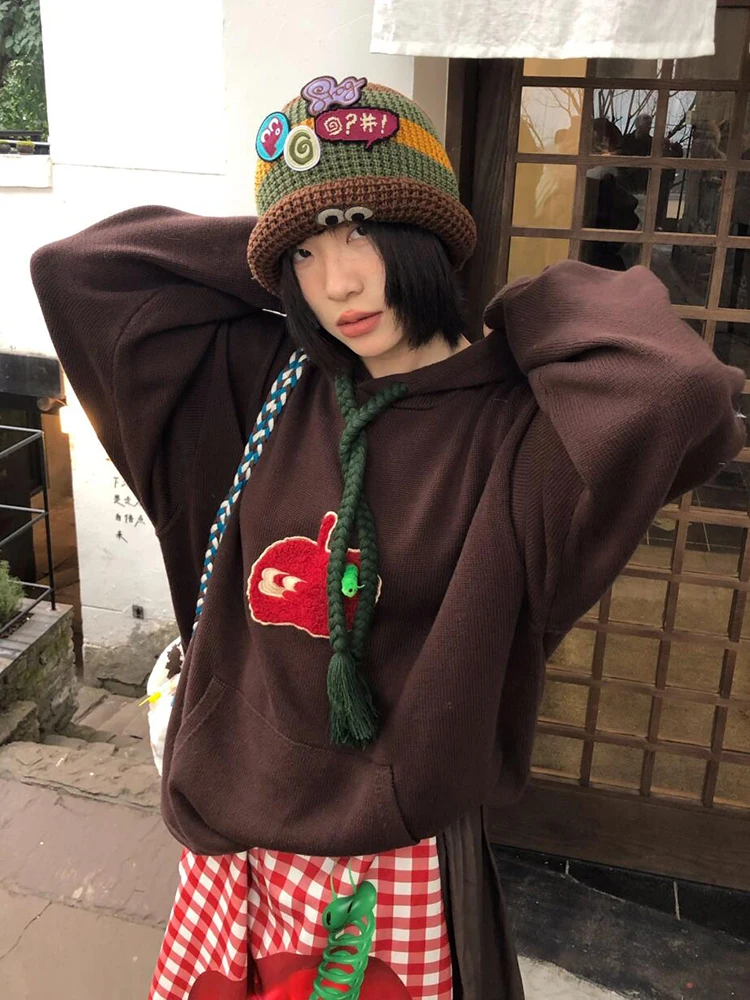 Sweat à capuche rétro américain pour femmes, vêtements d'extérieur de printemps, lettres brodées, tricoté, ample, Couple lourd, haut tendance, Streetwear