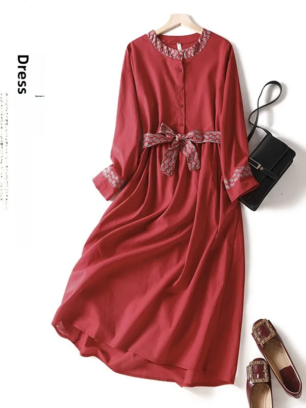 

Elegant Retro A-Line Dress Women's plus Size Slimming Necktie round Neck Gown Vintage Style Long Sleeve Mid-Length Skirt