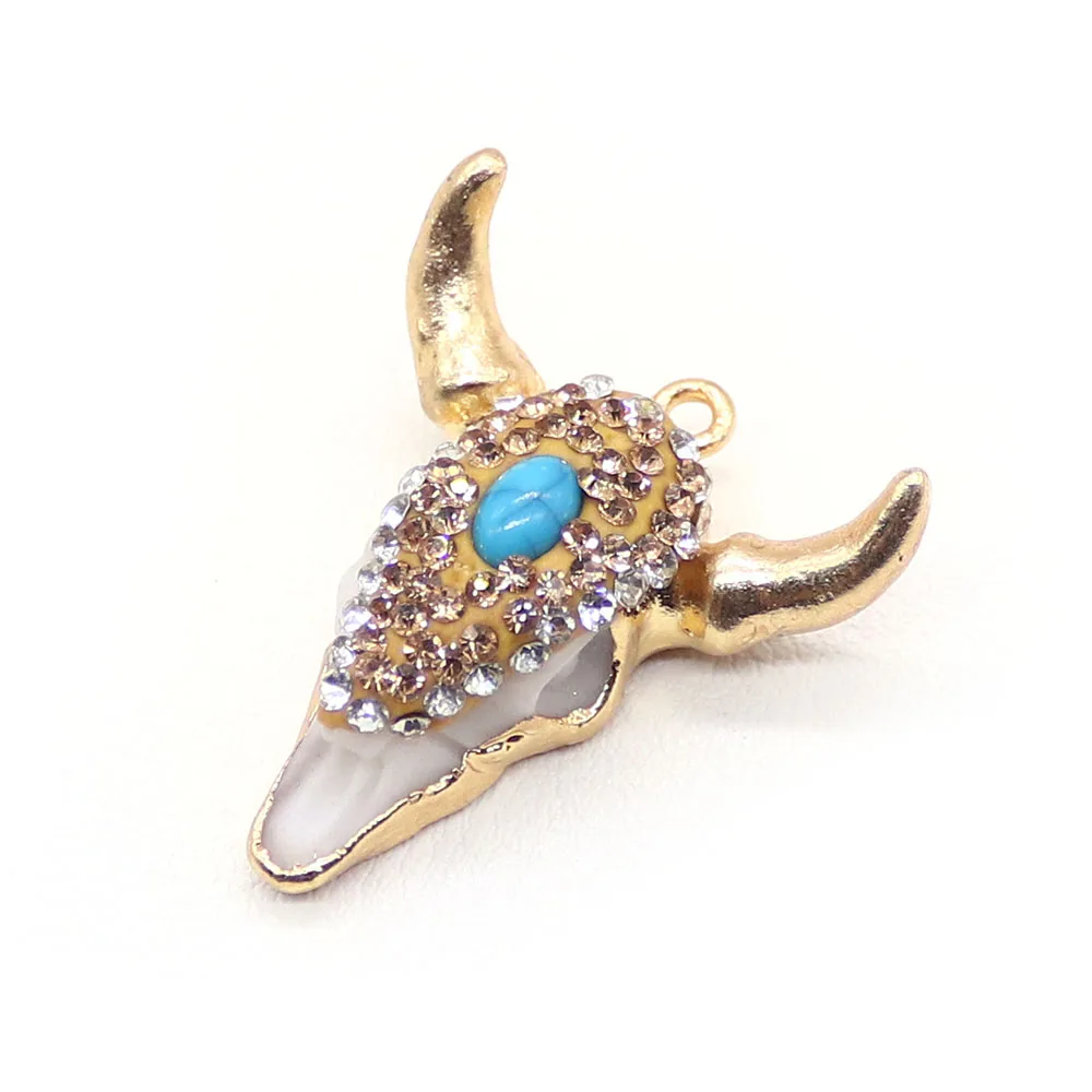 1pc Retro Resin Bull Skull Bone Pendant with Rhinestone-Embedded Bull Head Charm DIY Men's Necklace Jewelry Making Accessories
