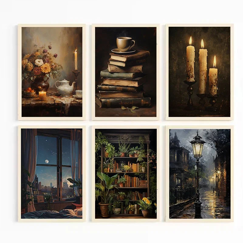 Plants Coffee Cup Posters Dark Academia Candles Bookcase Prints Canvas Painting Wall Art Vintage Pictures for Room Home Decor