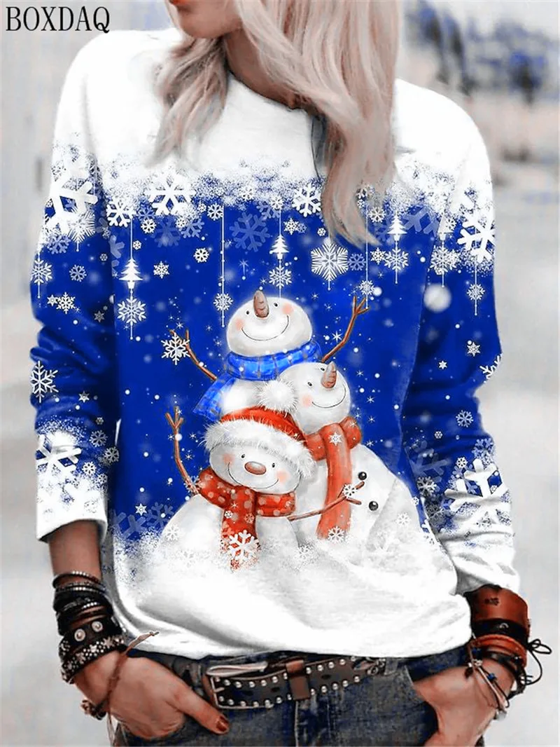 Cartoon Christmas Snowman Women Long Sleeve T-shirts Autumn Winter Christmas Style Streetwear Ladies Tees 3D Print Casual Tops